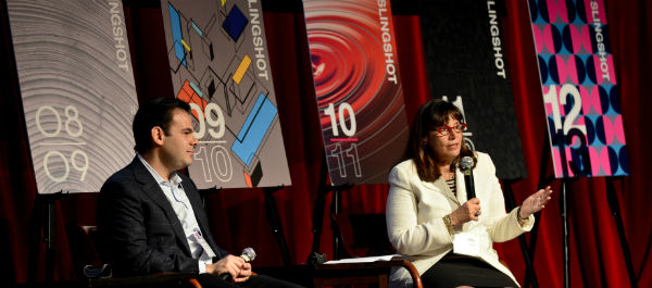 Karen Adler and Jonathan Raiffe meet at he Kimmel Center in NYU to discuss innovation on Slingshot Day.