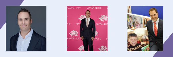 Three photos of Michael Melzter. One headshot, one in front a step and repeat for a Maya's Hope event and one in front of photos from Maya's hope